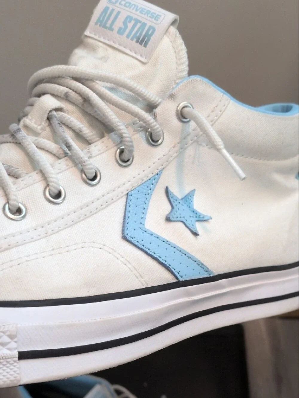Converse White Mid Tops with Light Blue Accents